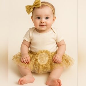 Emmy & Elly Gold Lace Tutu & Bow Headband Set 0-12M